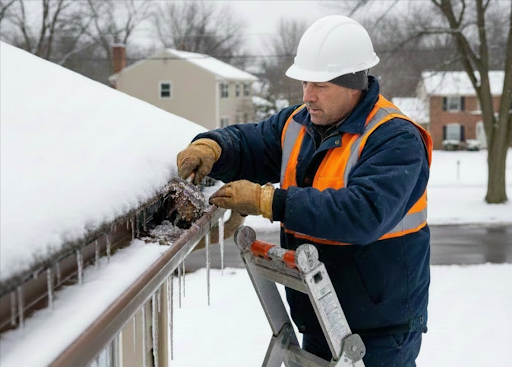 man cleaning gutters in winter winter gutter maintenance van's rain gutters south jersey