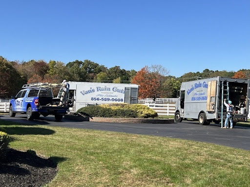 van's crew on-site with trucks and supplies van's rain gutters maintenance program south jersey